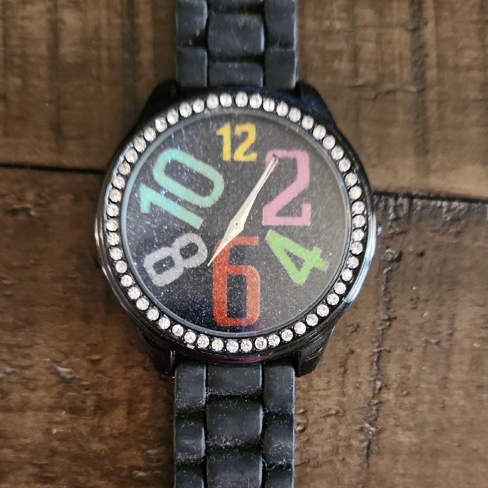 Black Smartwatch with Colorful Dial and Sparkly Bezel